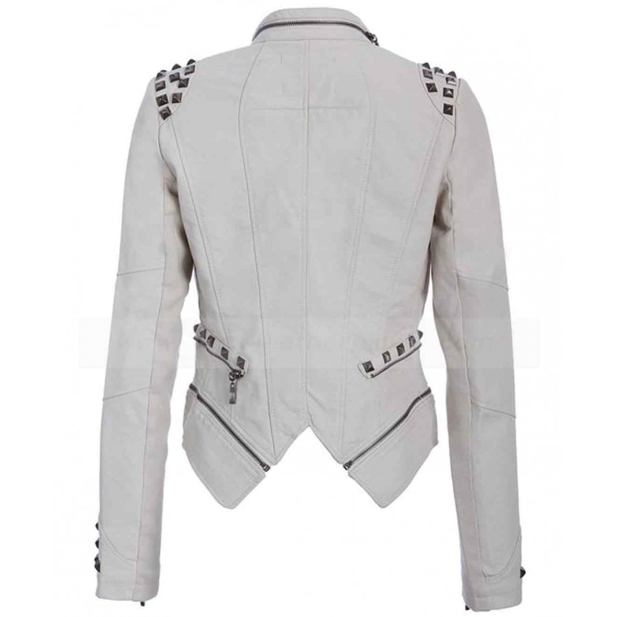 Studded Punk Womens White Faux Leather Moto Jacket J4Jacket