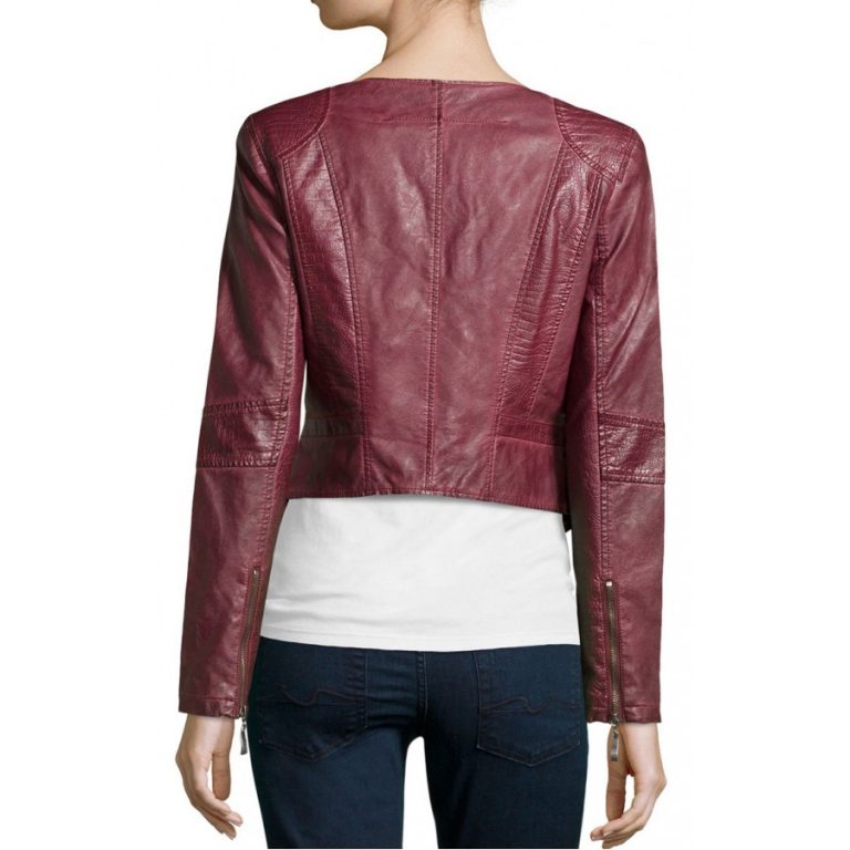Womens Burgundy Faux Leather Cropped Biker Jacket - J4Jacket
