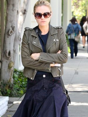 Anna Paquin Olive Green Cropped Leather Jacket