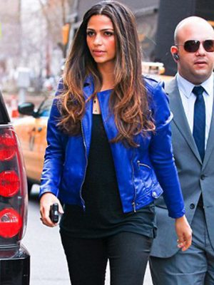 Biker Style Camila Alves Blue Leather Jacket