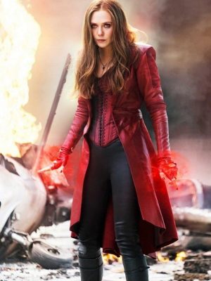 Elizabeth Olsen Civil War Scarlet Witch Red Leather Trench Coat