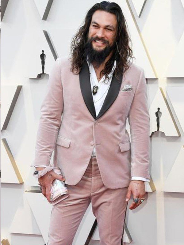 Men Celebrity Jason Momoa Pink Oscars Tuxedo