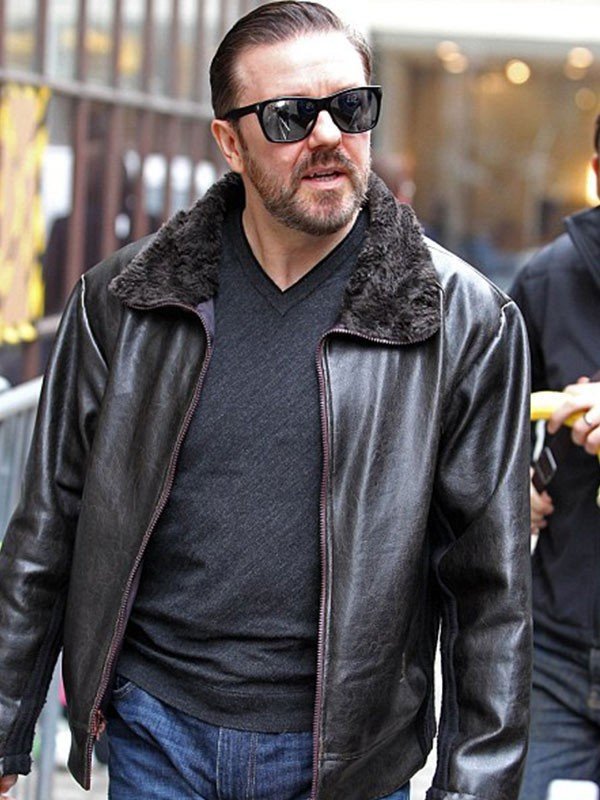 Ricky Gervais After Life Tony Johnson Shearling Black Leather Jacket