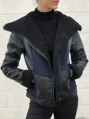 Women Black Shearling Broad Collar Leather Jacket