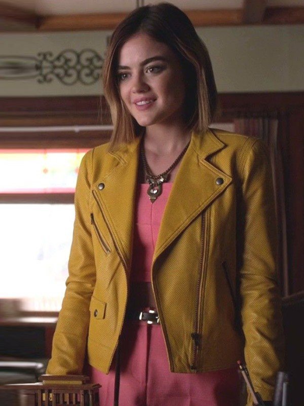 Aria Montgomery Tv Series Pretty Little Liars Lucy Hale Yellow Biker Leather Jacket