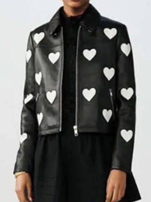 White Heart Women Black Leather Jacket