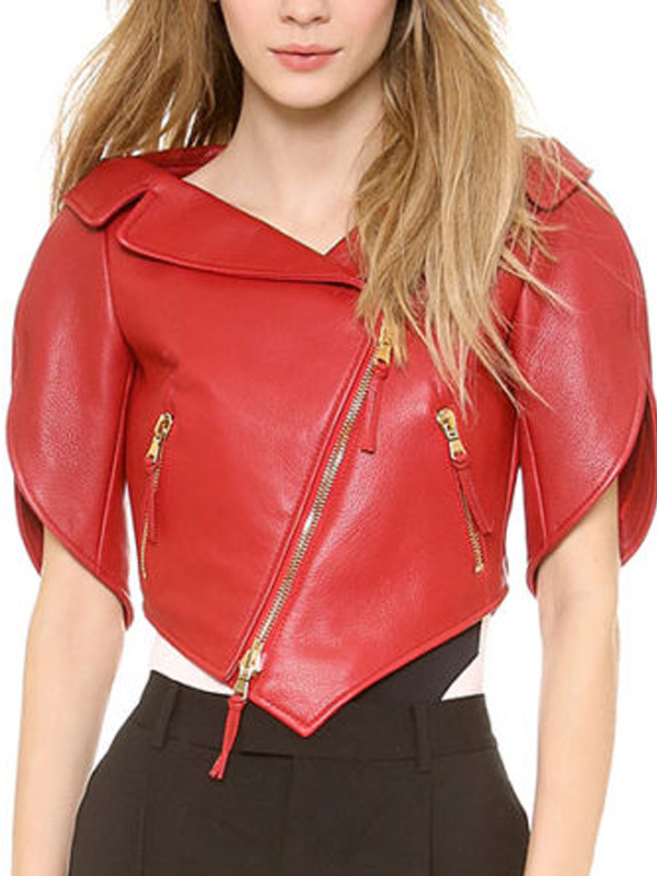 Women Heart Shaped Red Cropped Leather Jacket