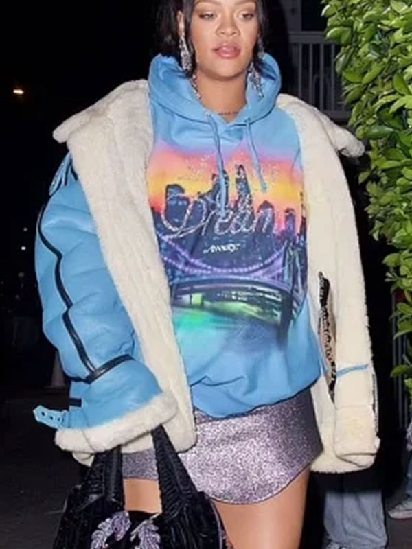 Rihanna Pregnancy Powder Blue Shearling Coat