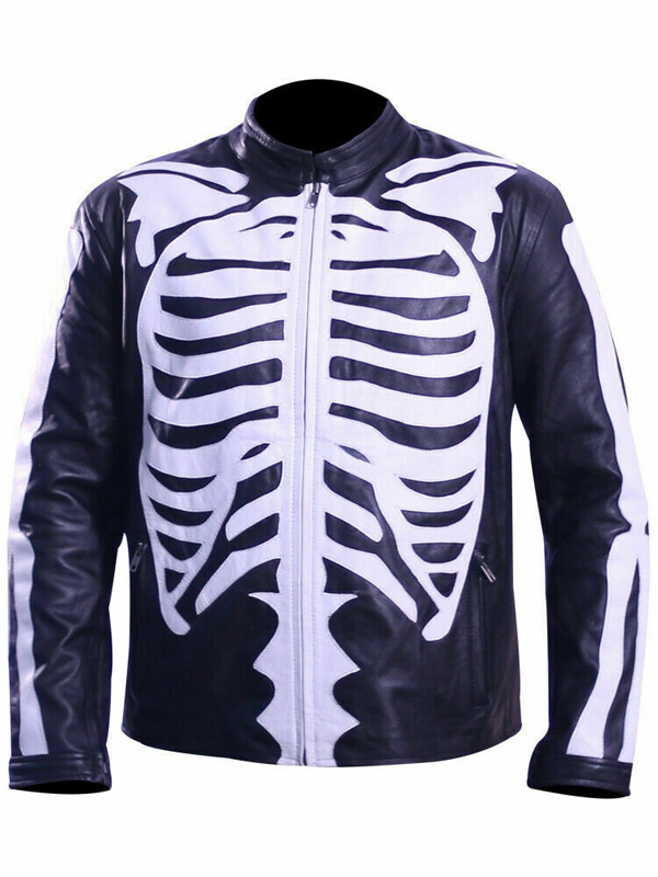 Skeleton Bones Halloween Party Black Leather Jacket
