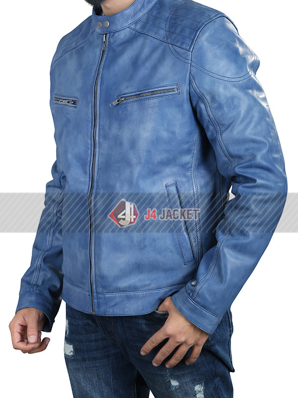Mens Cafe Racer Erect Collar Blue Jacket