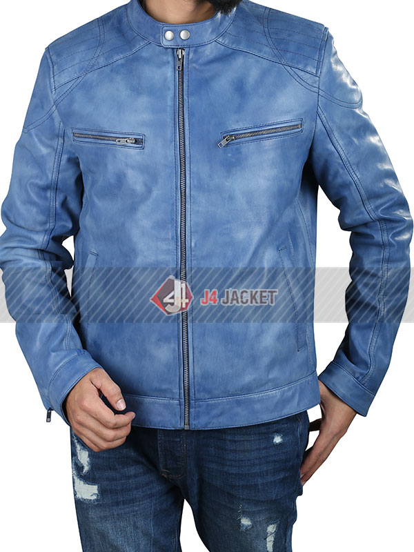 Mens Cafe Racer Blue Leather Jacket