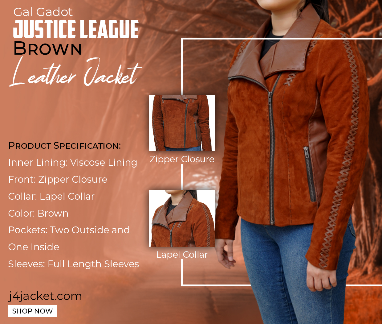 Gal Gadot Justice League Brown Leather Jacket Infographic Post