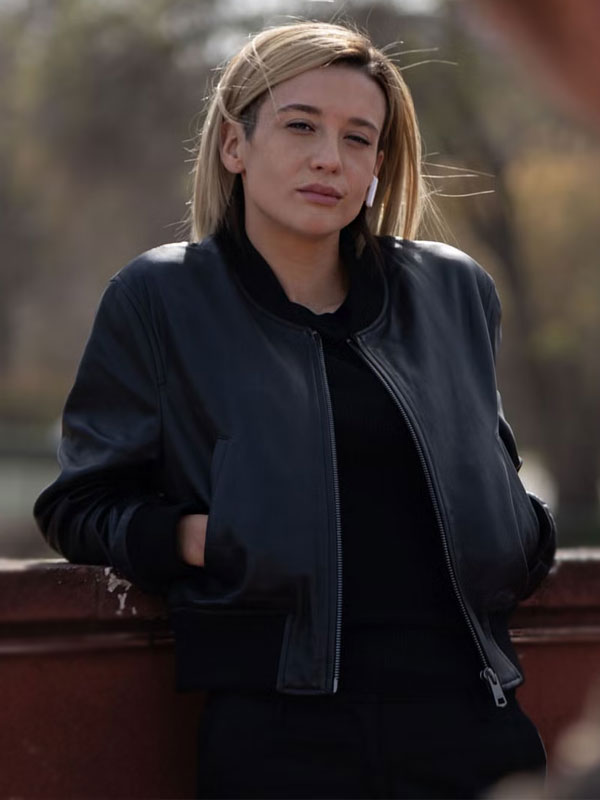 María Pedraza Awareness Movie 2023 Black Bomber Leather Jacket