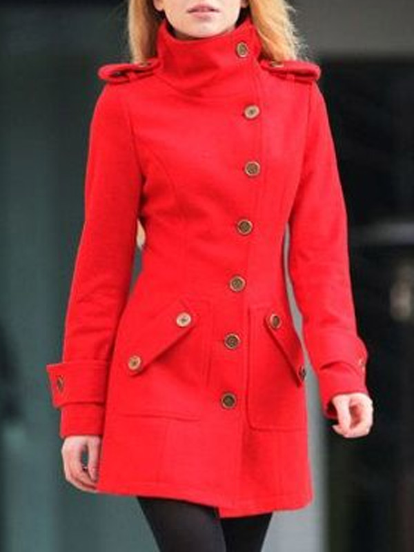 Red Mid-length Christmas Wool Peacoat for Women