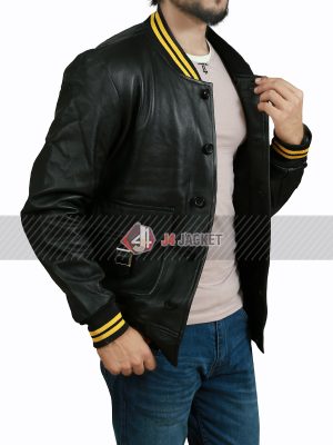 Black and Yellow Bomber Style Real Leather Jacket