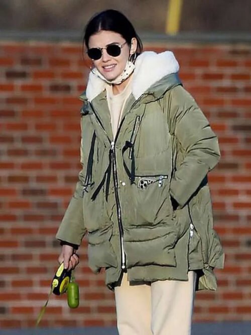 Shop Lucy Hutton The Hating Game 2021 Lucy Hale Green Hooded Shearling Jacket