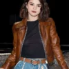 New York Fashion Week Selena Gomez Brown Leather Biker Jacket