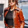 Selena Gomez Brown Leather Biker Jacket