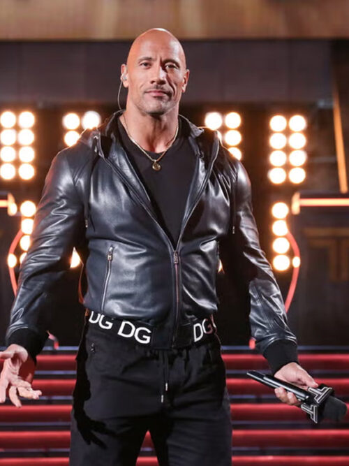 Dwayne-Johnson-The-Titan-Games Black Hooded Leather Jacket