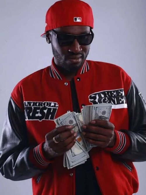 Shop American Rapper Bankroll Fresh Street Money Red and Black Jacket