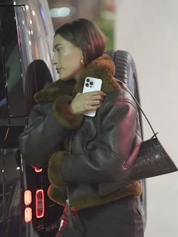 Buy LA Hailey Bieber Shearling Leather Jacket