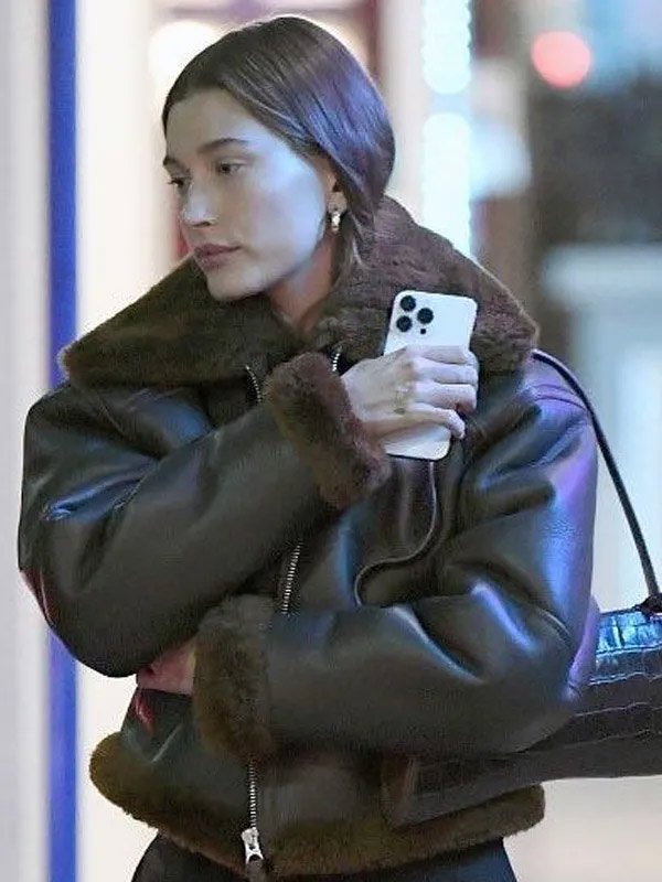 Shop Los Angeles Hailey Bieber Shearling Leather Jacket