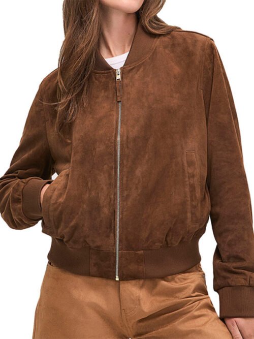 Shop Jenna Elfman Shifting Gears 2025 Eve Drake Bomber Leather Jacket