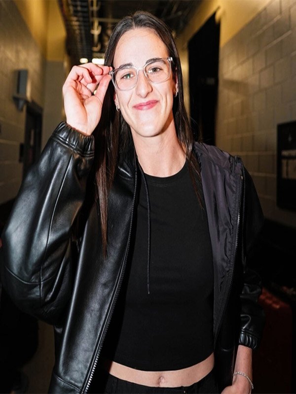 Shop Playoffs Caitlin Clark Black Hooded Leather Jacket