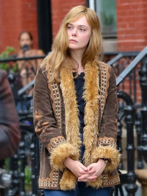 Shop Sylvie Russo A Complete Unknown Elle Fanning Brown Shearling Suede Jacket
