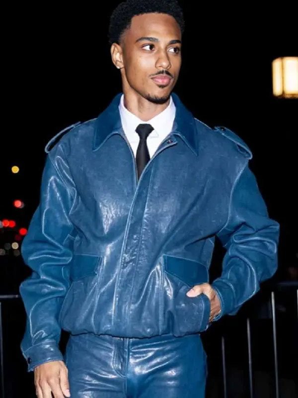 Shop Keith Powers CFDA 2025 Blue Leather Jacket
