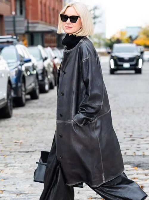 Buy Naomi Watts NYC 2025 Black Leather Coat