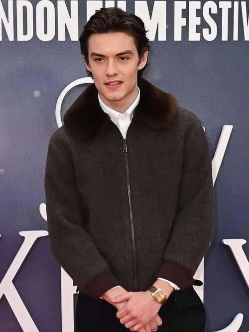 Shop Louis Partridge Jay Kelly Premiere Night Brown Wool Bomber Jacket