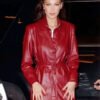 Shop Bella Hadid Maroon Leather Jacket