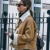 Shop Emilia Clarke Brown Suede Shearling Jacket