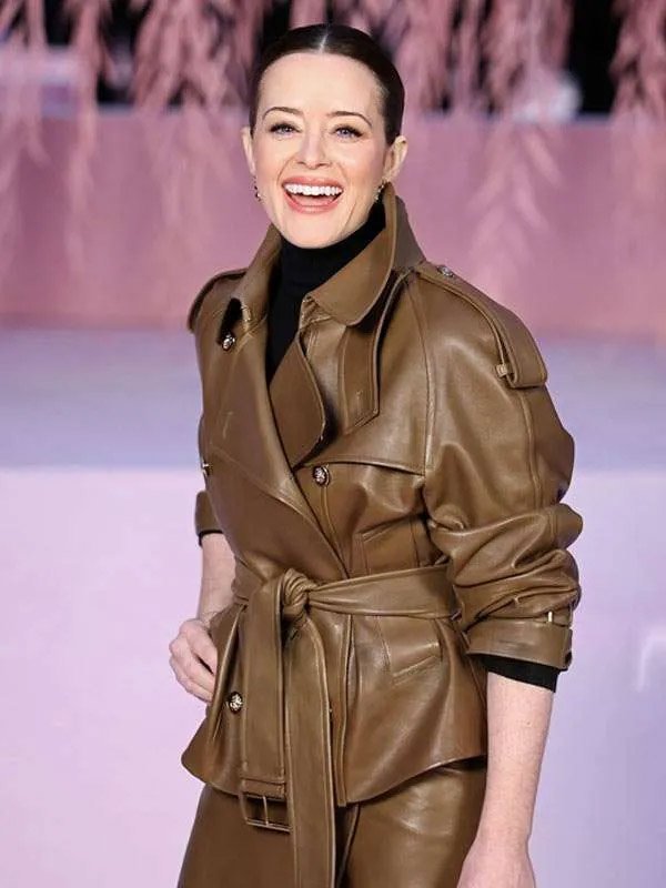 Shop PFW 2026 Claire Foy Brown Leather Jacket